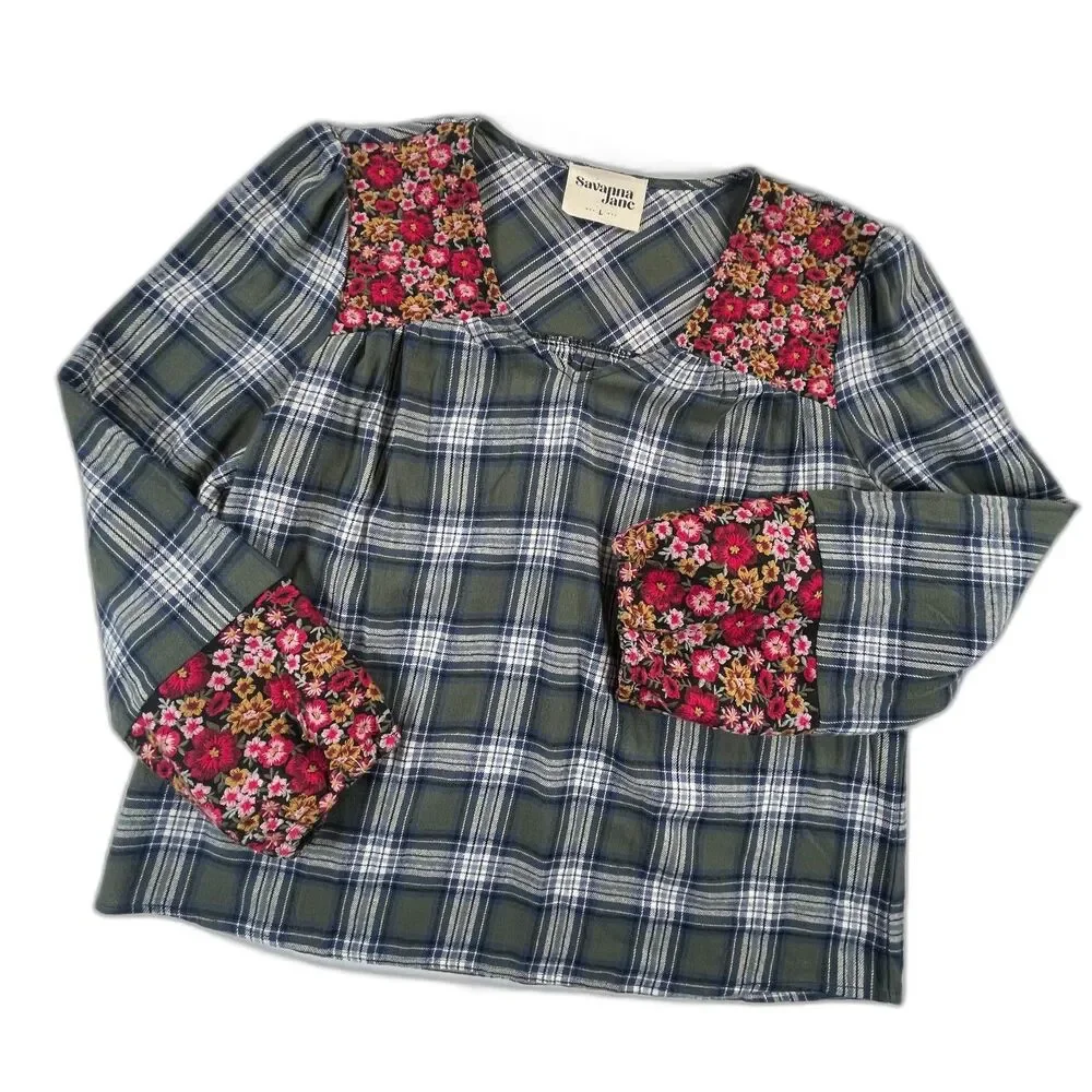 Savanna Jane Plaid Floral Embroidered Peasant Blouse L Green Cottagecore Boho
